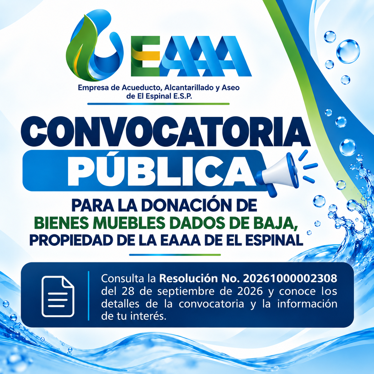 CONVOCATORIA PÚBLICA PARA LA DONACIÓN DE BIENES MUEBLES DADOS DE BAJA – RESOLUCIÓN No. 20261000002308 DE 2026